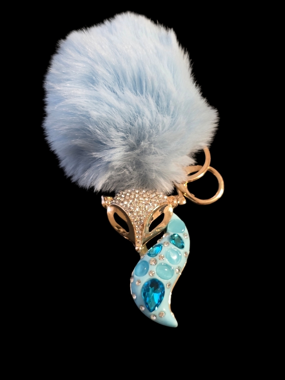 Glam Light Blue Fox Pom Charm Keychain Designer Style 2.5”